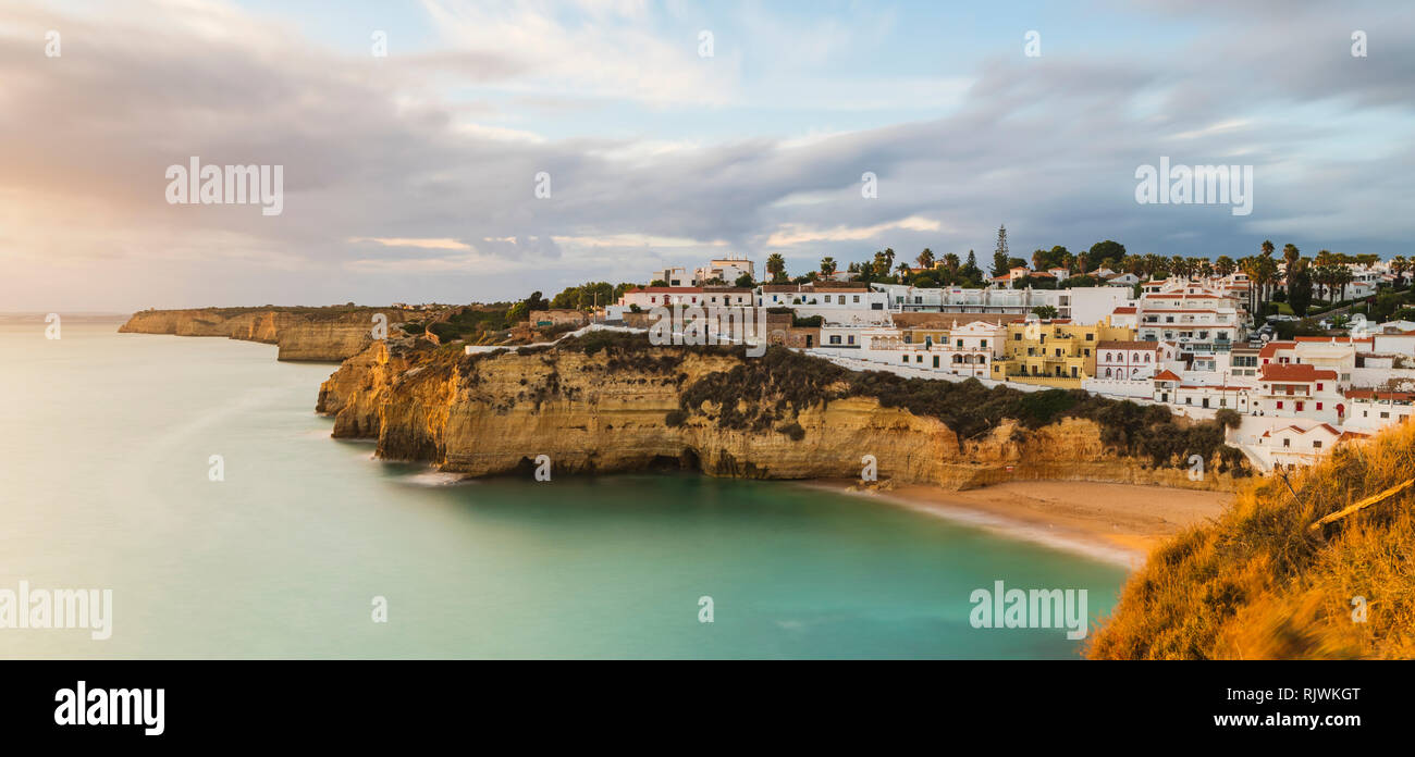 Panoramic view of cliffs and village, Carvoeiro, Algarve, Portugal, Europe Stock Photo