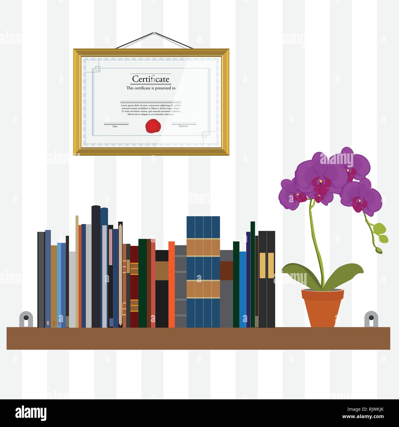 Vector illustration bookshelf with bibliography, encyclopedia, handbooks and orchid flower. Certificate on the wall. Stock Vector
