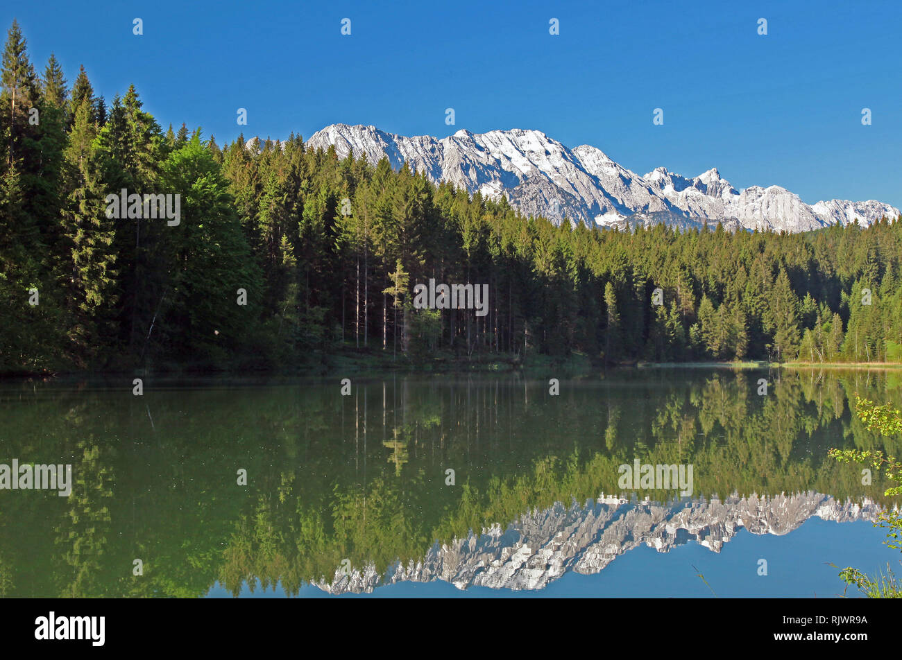 Grub Lake, Werdenfelser Country, Bavaria, Germany, Alpine Lake, Small Mountain Lake, Bathing Lake, Forest, Esther Mountains, Rugged Mountainsides Stock Photo