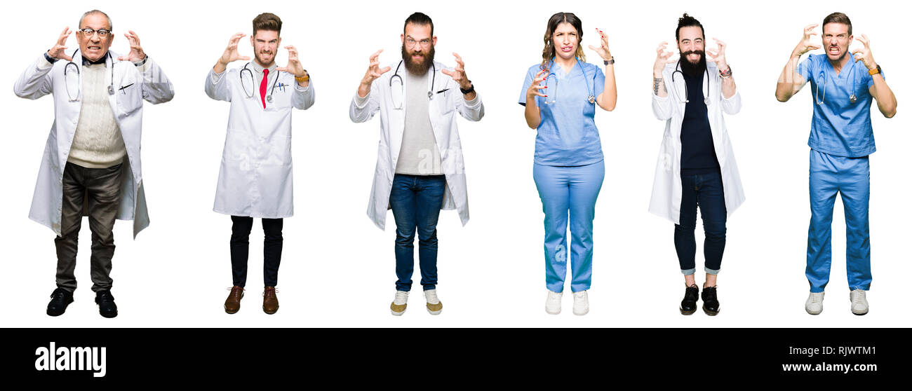 Collage of group of doctors and surgeons people over white isolated background Shouting frustrated with rage, hands trying to strangle, yelling mad Stock Photo
