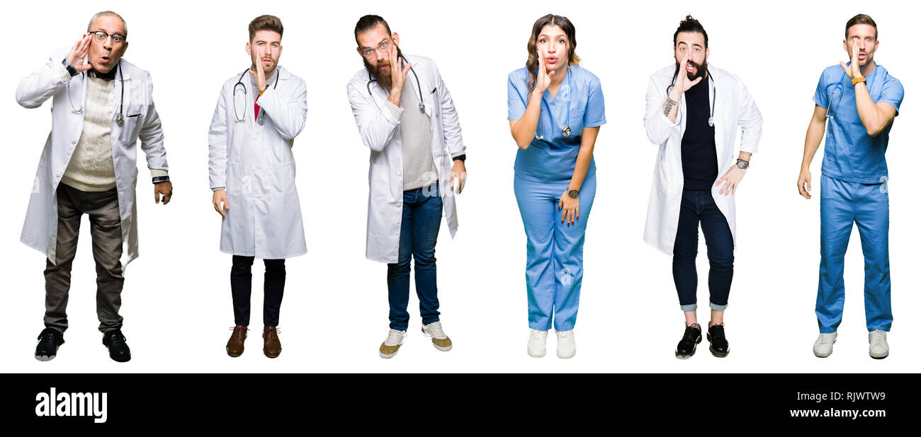 Collage of group of doctors and surgeons people over white isolated background hand on mouth telling secret rumor, whispering malicious talk conversat Stock Photo