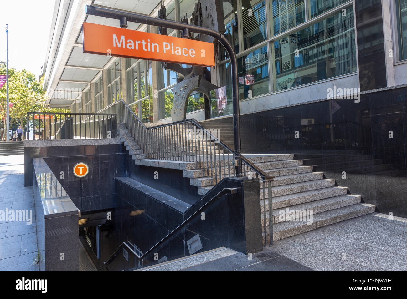 Entrance to Martin Place railway station in Sydney with Reserve Bank of Australia offices
