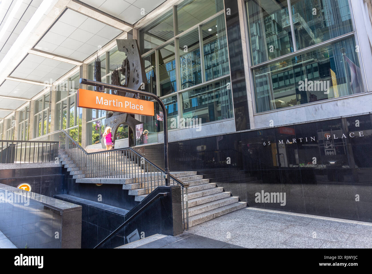 Entrance to Martin Place railway station in Sydney with Reserve Bank of Australia offices