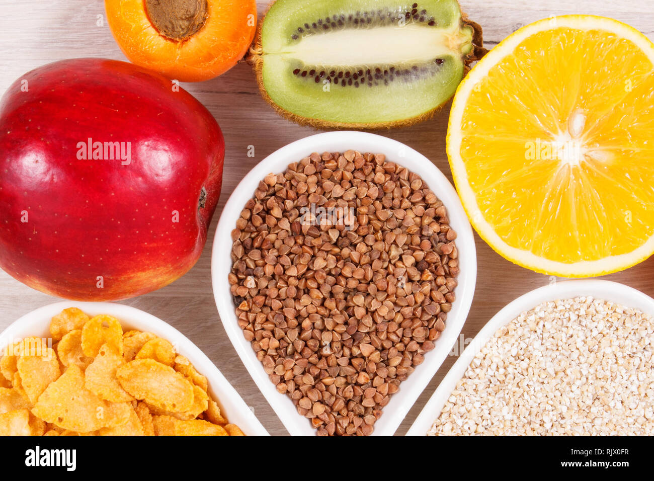 Nutritious different products and ingredients containing vitamin B3, dietary fiber and natural minerals, concept of healthy nutrition Stock Photo