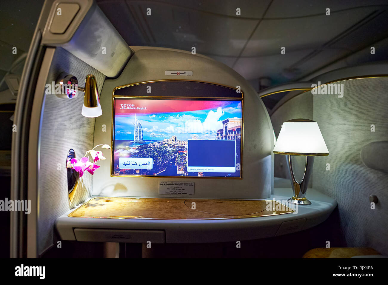 DUBAI, UAE MARCH 31, 2015 interior of Emirates Airbus A380. Emirates