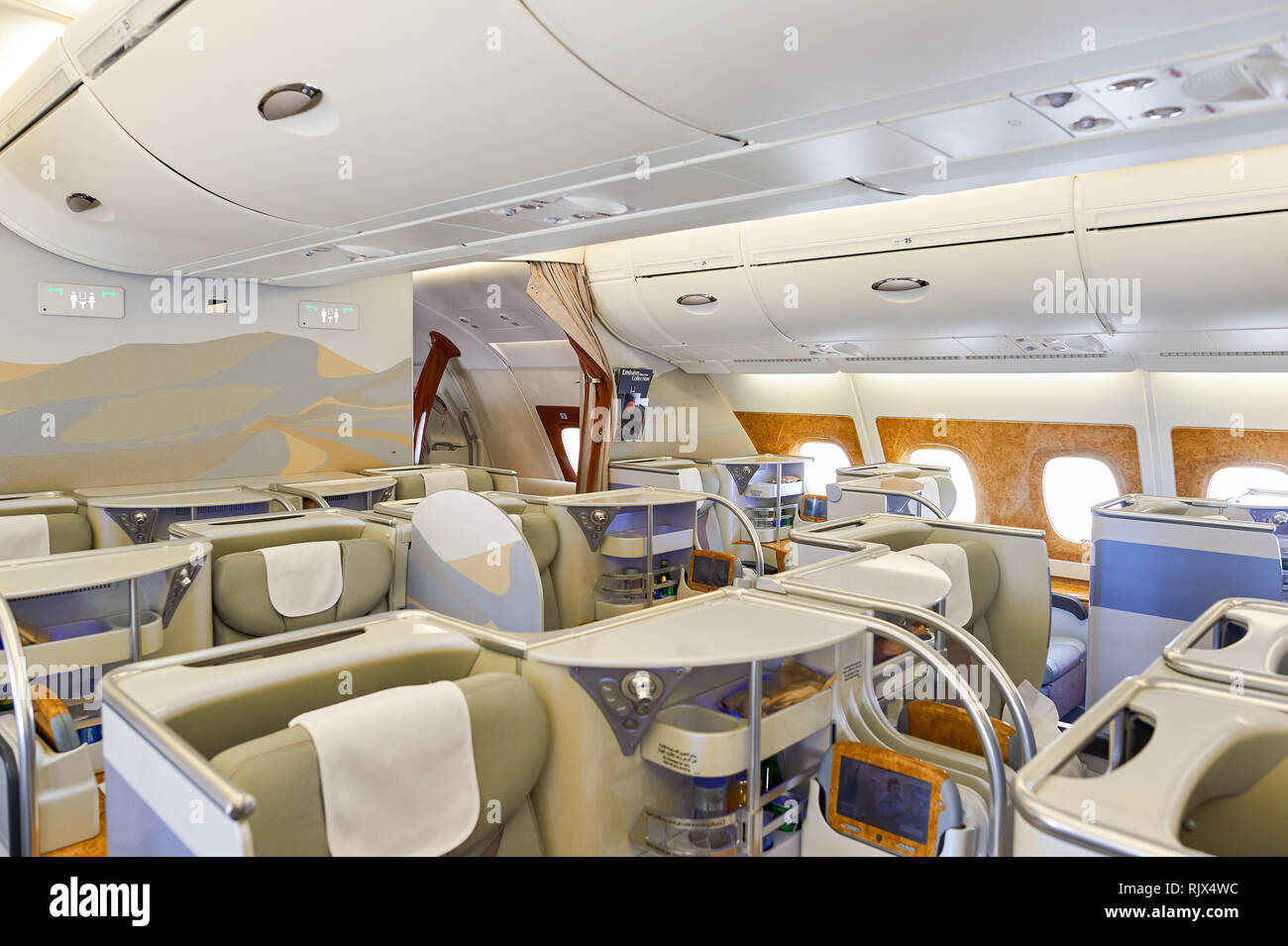 BANGKOK, THAILAND - MARCH 31, 2015: interior of Emirates Airbus A380. Emirates is one of two flag carriers of the United Arab Emirates along with Etih Stock Photo