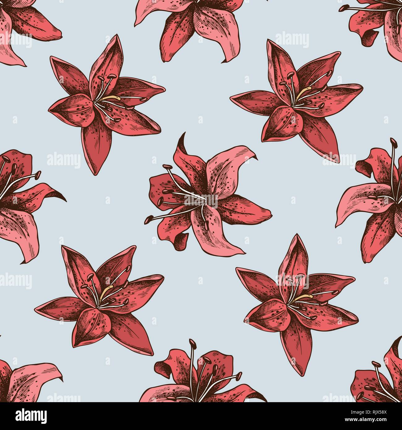 Seamless pattern with hand drawn colored lilies Stock Vector