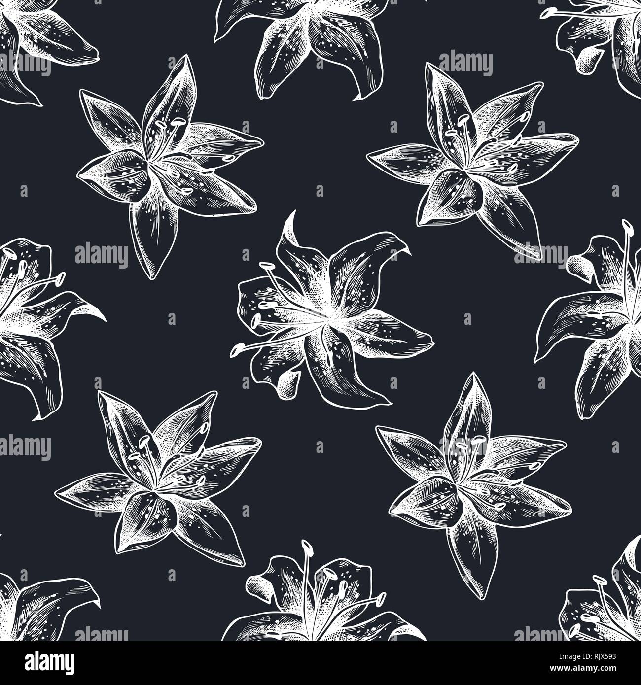 Seamless pattern with hand drawn chalk lilies Stock Vector