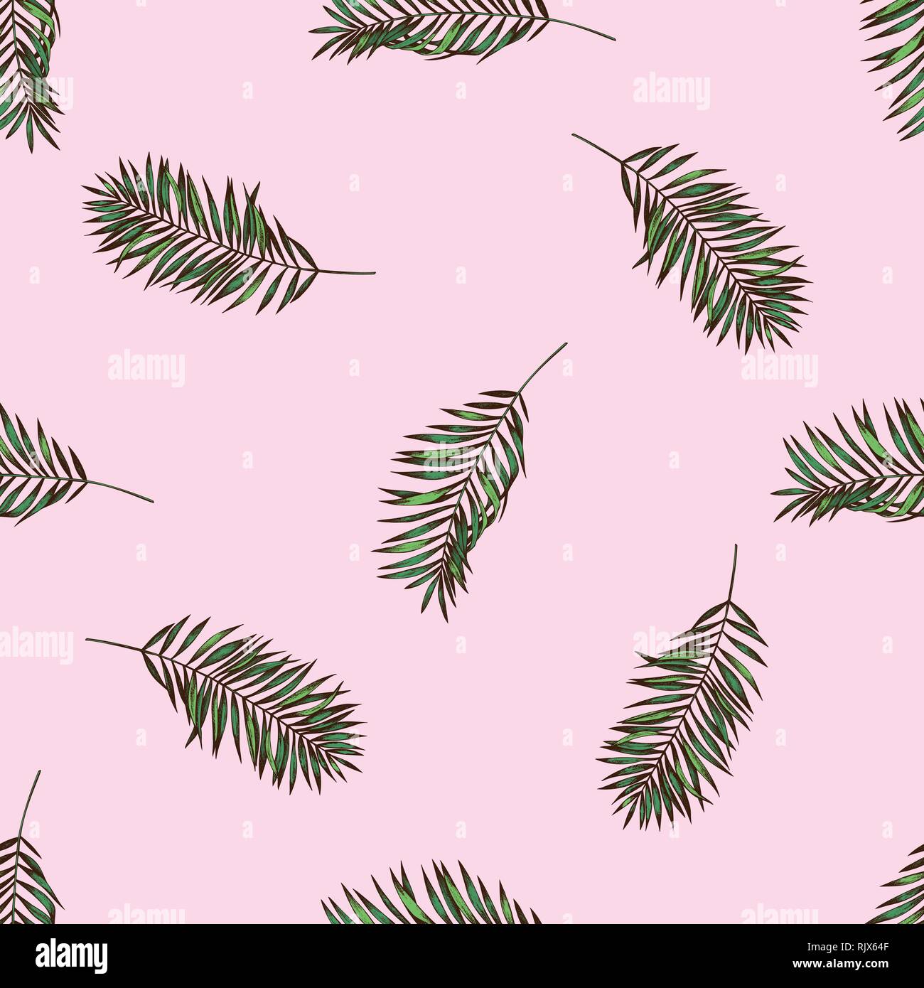 Seamless pattern with hand drawn colored coconut palm leaves Stock Vector