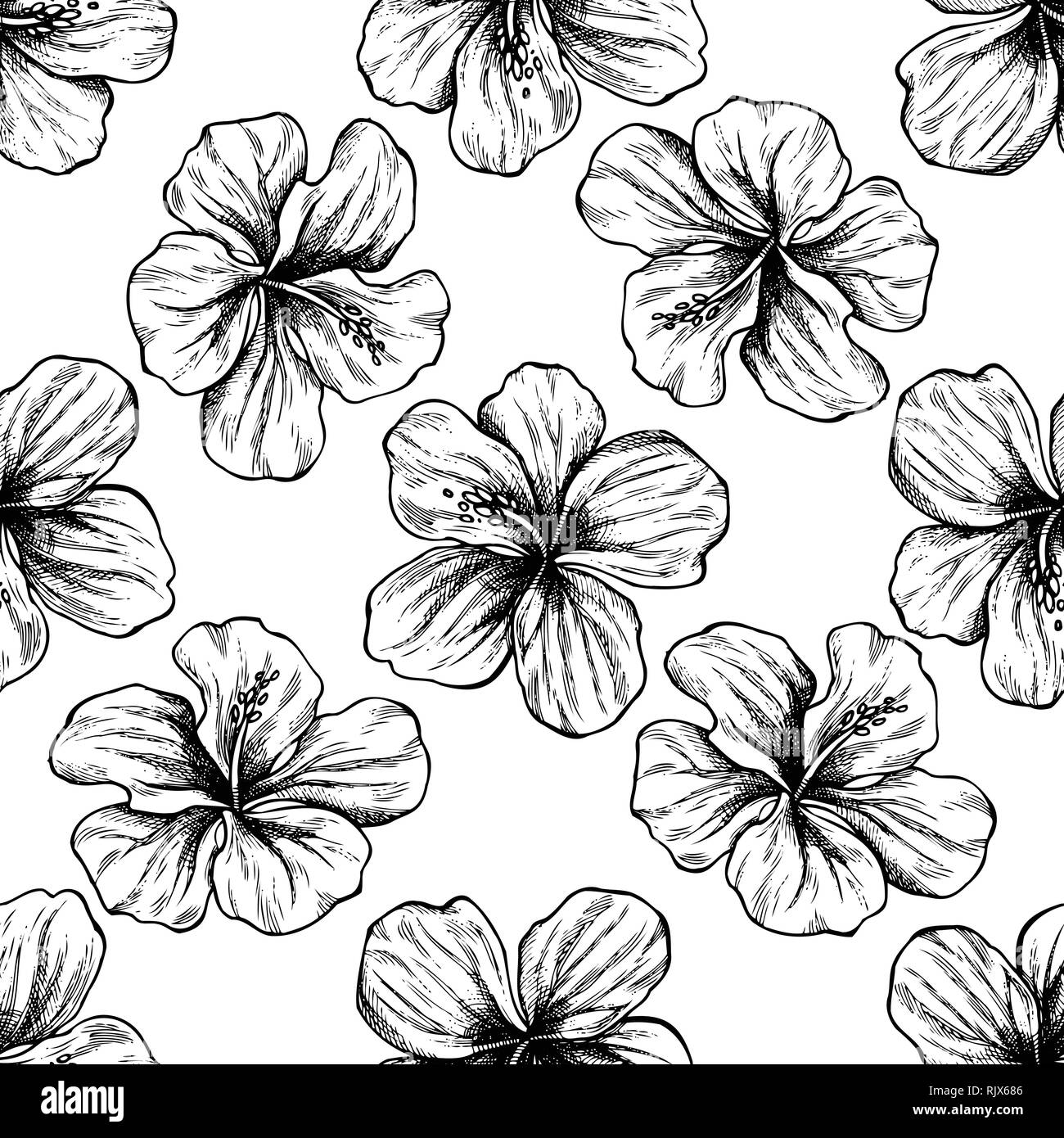 Seamless pattern with black and white protea, hibiscus Stock Vector