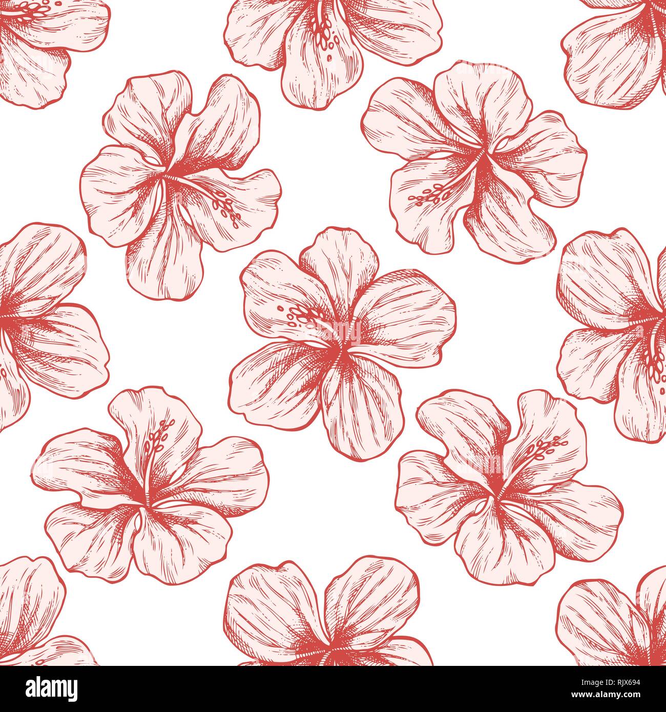 Seamless pattern with hand drawn pastel protea, hibiscus Stock Vector