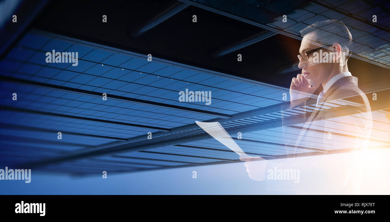 Double exposure of pensive businessman and modern city Stock Photo - Alamy