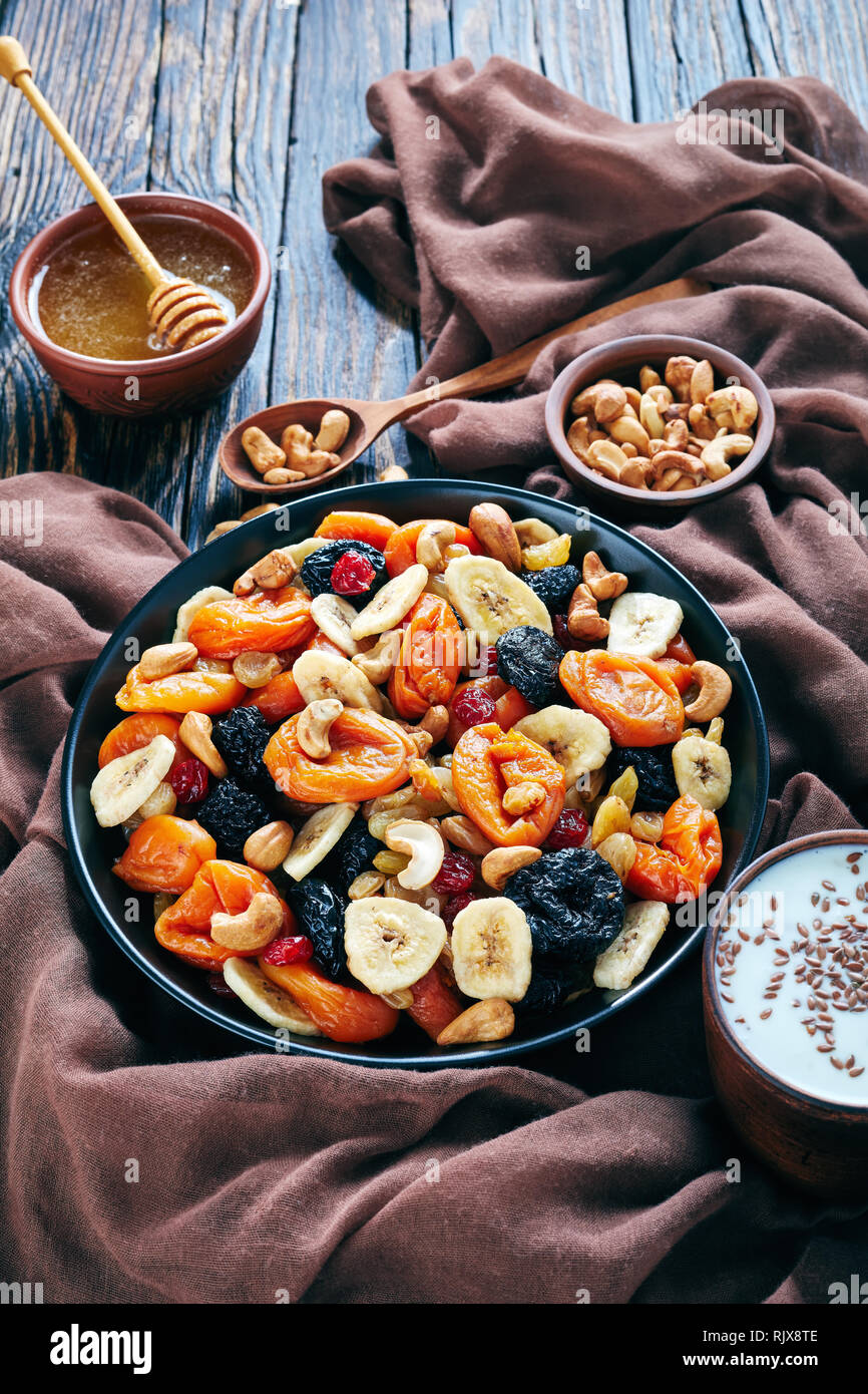 dried Fruits and Nut Mix bowl banana slices, apricots, raisins