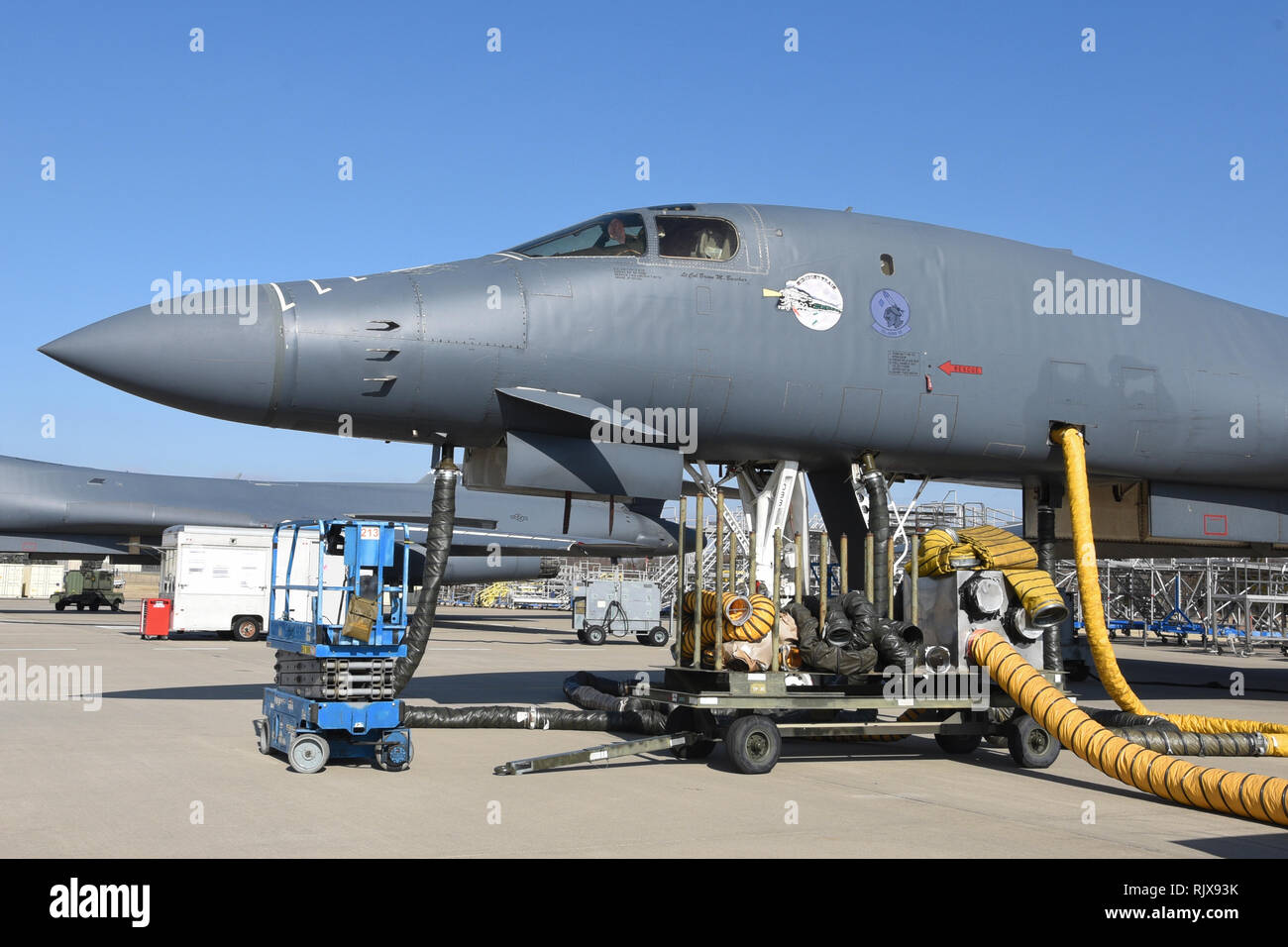 Boeing B-1B Lancer, serial # 86-0098, wearing 'Midnight Train' nose-art is shown at the Maintenance, Repair and Overhaul Training Center Jan. 17, 2019, Tinker Air Force Base, Oklahoma. MROTC is a facility used for heavy aircraft maintenance in a public/private partnership between the Air Force and Boeing. (U.S. Air Force photo/Greg L. Davis) Stock Photo