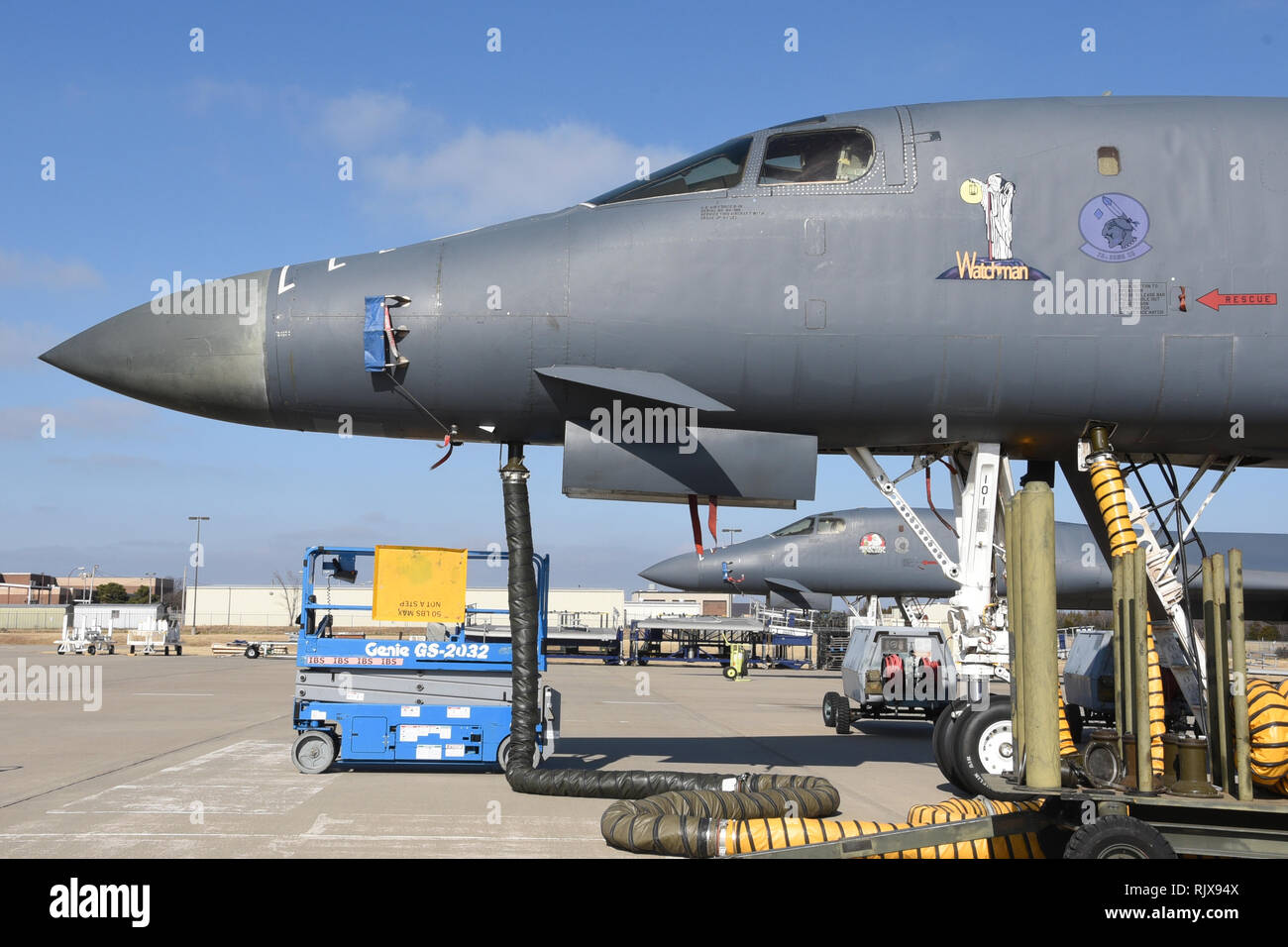 Boeing B-1B Lancer, serial # 86-0101, wearing 'Watchman' nose-art shown at the Maintenance, Repair and Overhaul Training Center Jan. 17, 2019, Tinker Air Force Base, Oklahoma. MROTC is a facility used for heavy aircraft maintenance in a public/private partnership between the Air Force and Boeing. (U.S. Air Force photo/Greg L. Davis) Stock Photo