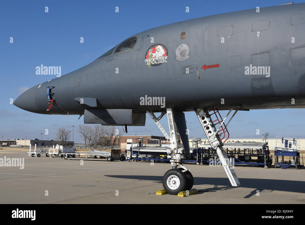 Boeing B-1B Lancer, serial # 86-0109, wearing 'Spectre' nose-art shown at the Maintenance, Repair and Overhaul Training Center Jan. 17, 2019, Tinker Air Force Base, Oklahoma. MROTC is a facility used for heavy aircraft maintenance in a public/private partnership between the Air Force and Boeing. (U.S. Air Force photo/Greg L. Davis) Stock Photo