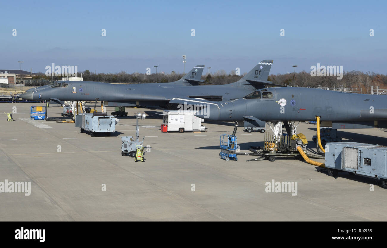 Three Boeing B-1B Lancer bombers are shown at the Maintenance, Repair and Overhaul Training Center Jan. 17, 2019, Tinker Air Force Base, Oklahoma. MROTC is a facility used for heavy aircraft maintenance in a public/private partnership between the Air Force and Boeing. (U.S. Air Force photo/Greg L. Davis) Stock Photo