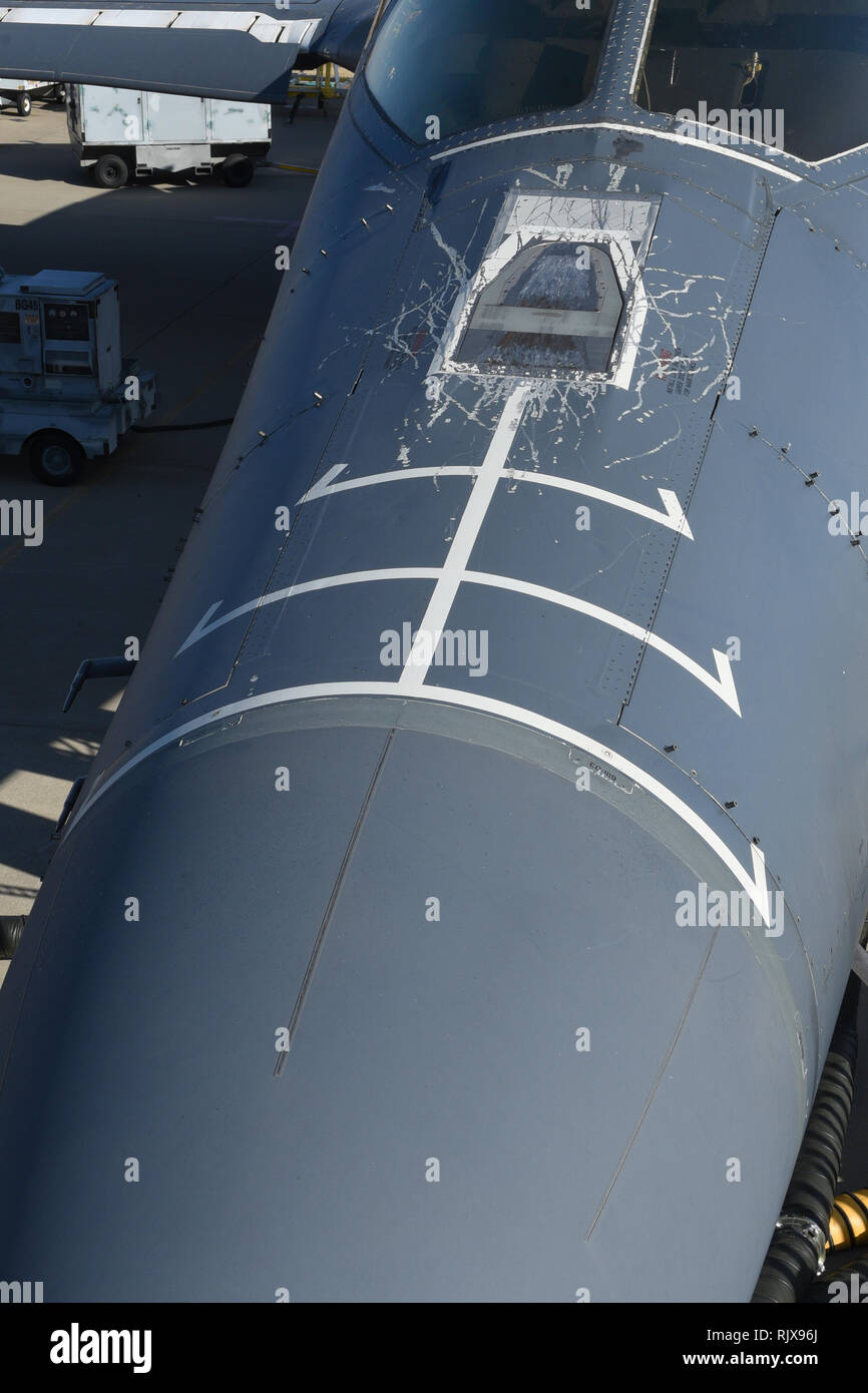 Close-up of the refueling recepticle and associated markings on the nose of Boeing B-1B Lancer, serial # 86-0098, while at the Maintenance, Repair and Overhaul Training Center Jan. 17, 2019, Tinker Air Force Base, Oklahoma. MROTC is a facility used for heavy aircraft maintenance in a public/private partnership between the Air Force and Boeing. (U.S. Air Force photo/Greg L. Davis) Stock Photo