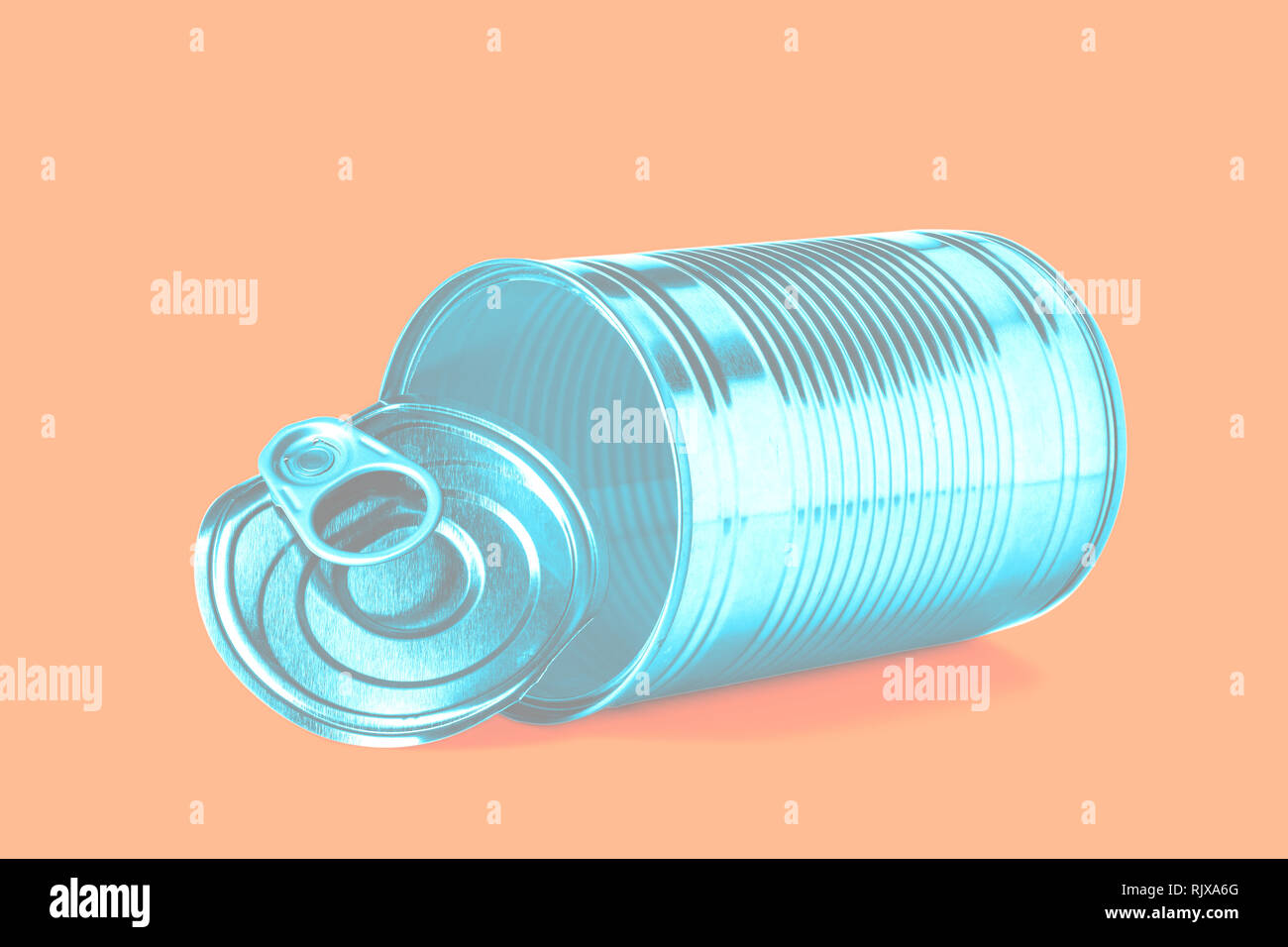 Empty old tin can with lid pastel colored teal and orange cold-warm faded Stock Photo
