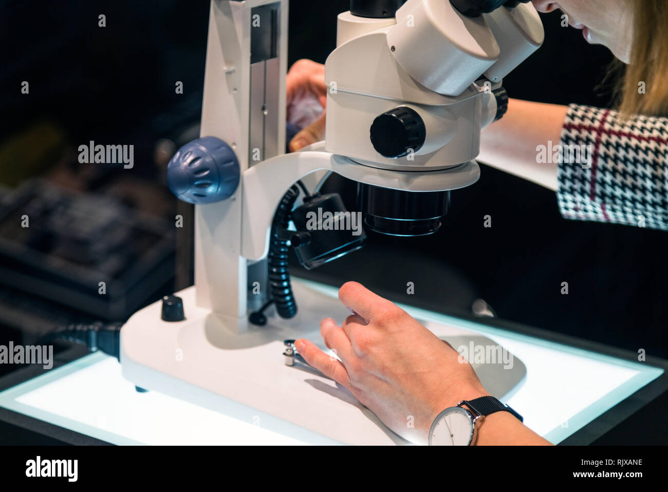young female scientist looking through a microscope in a laboratory Stock Photo
