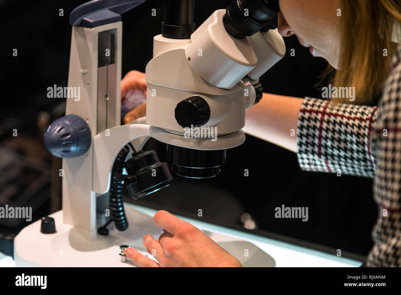 young female scientist looking through a microscope in a laboratory Stock Photo