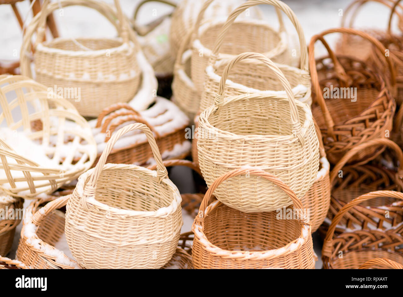 Hand made wicker woven baskets on display in a city fare. Handmade