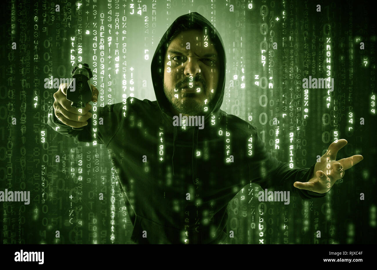 Masked and armed anonymous hacker breaking in cyber security cloud data concept  Stock Photo