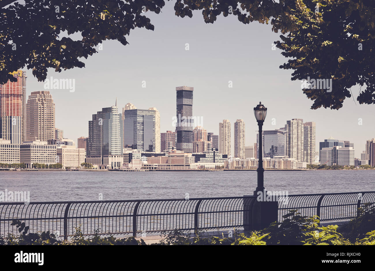 Manhattan West Side Promenade Street Lamp Jersey City In Distance Color Toning Applied Usa Stock Photo Alamy