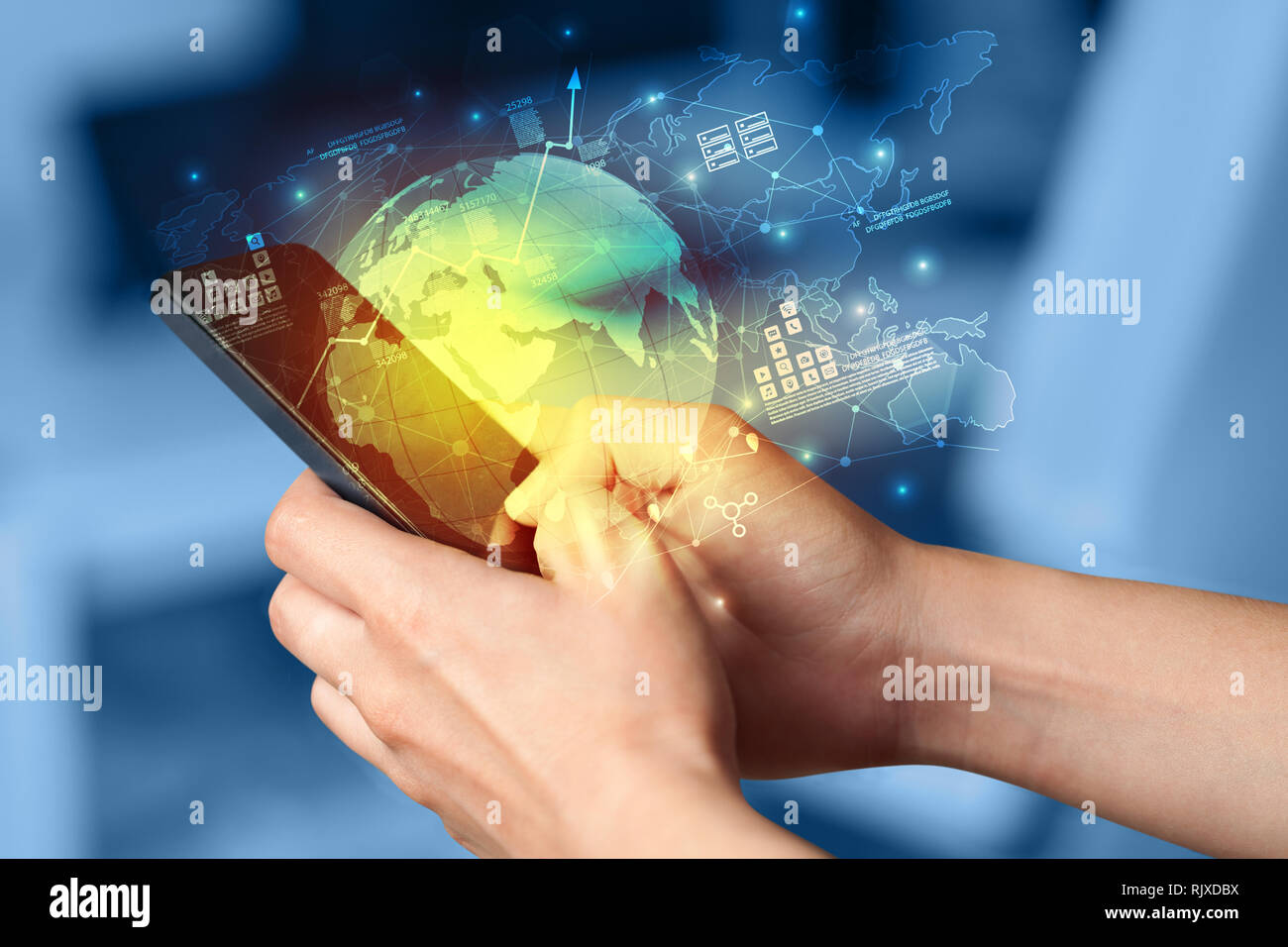 Hand using phone with global reports and stock market change concept  Stock Photo
