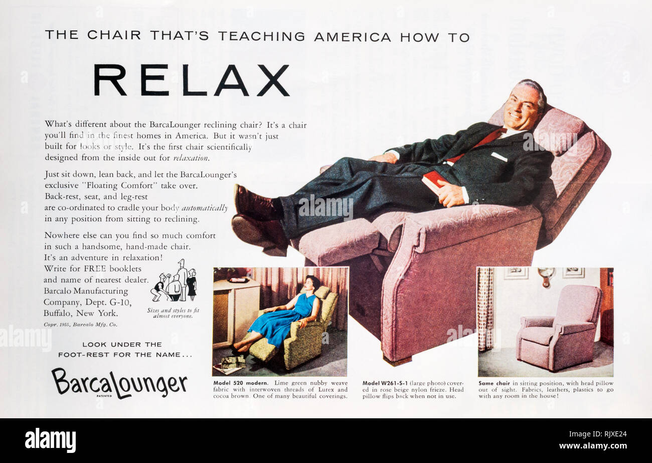 A 1955 magazine advertisement for Barcalounger reclining chairs. Stock Photo