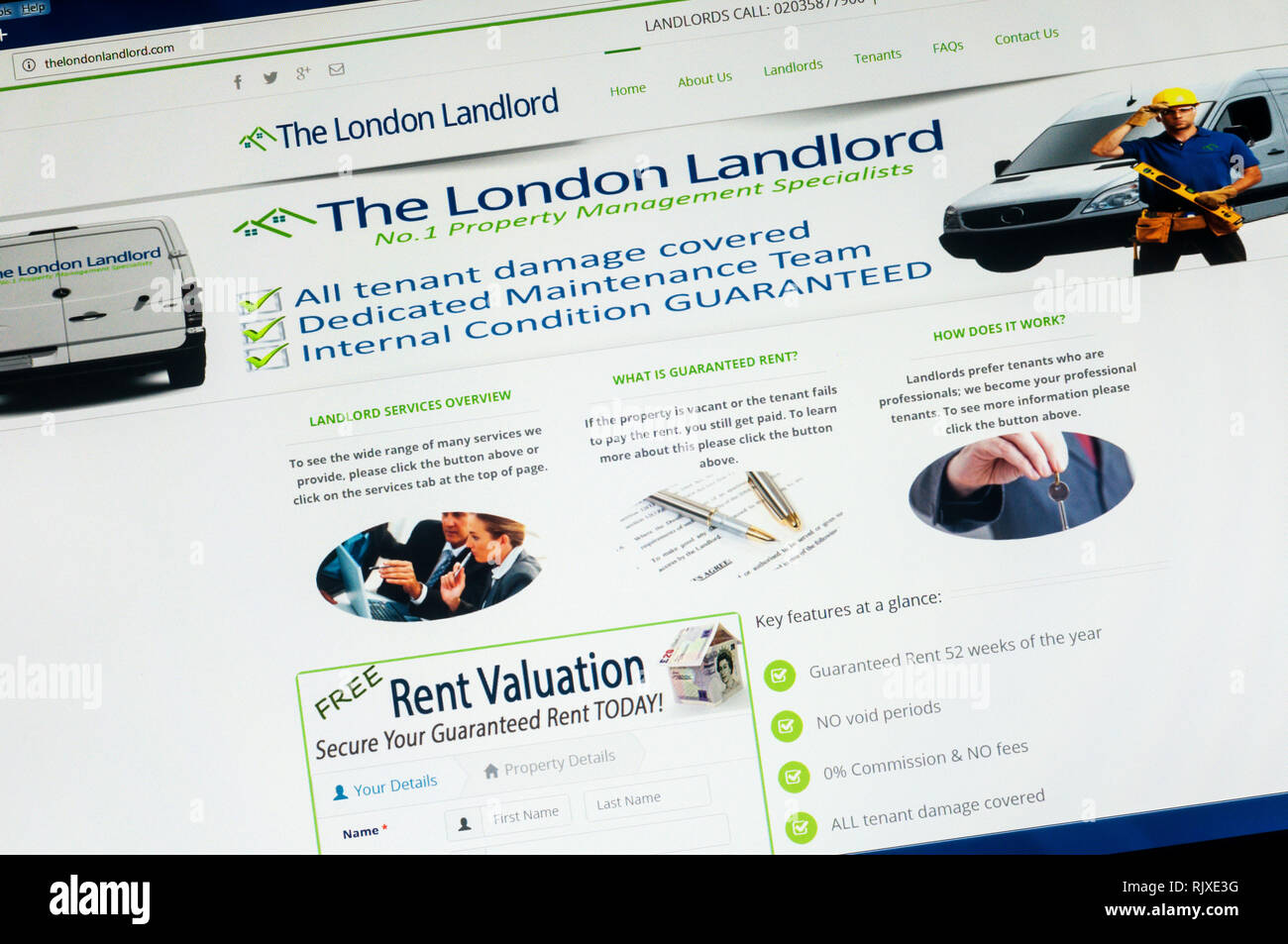 The home page of the website of The London Landlord property management company. Stock Photo