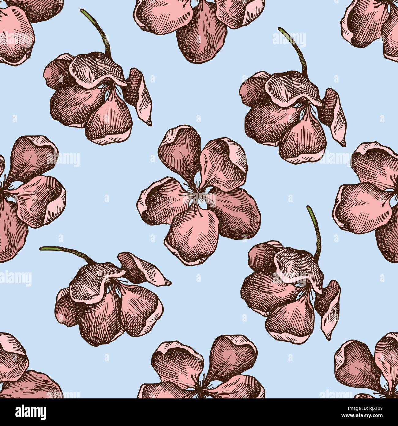 Seamless pattern with hand drawn colored apple flowers Stock Vector