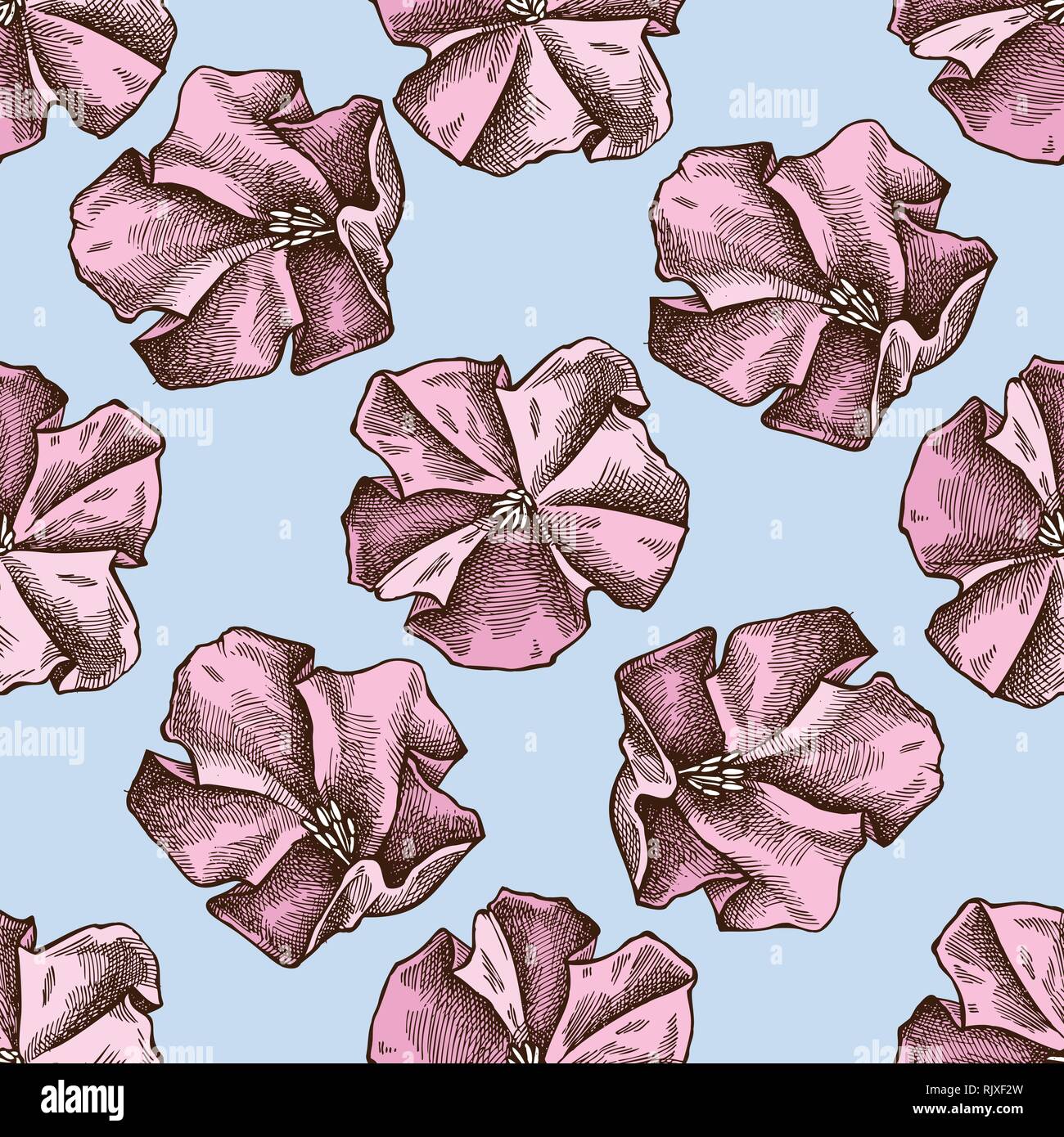 Seamless pattern with hand drawn colored morning glory Stock Vector