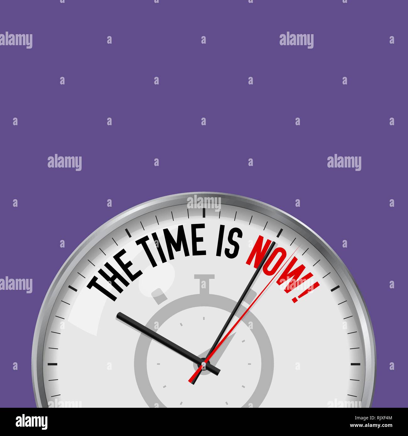 The Time is Now. White Vector Clock with Motivational Slogan. Analog