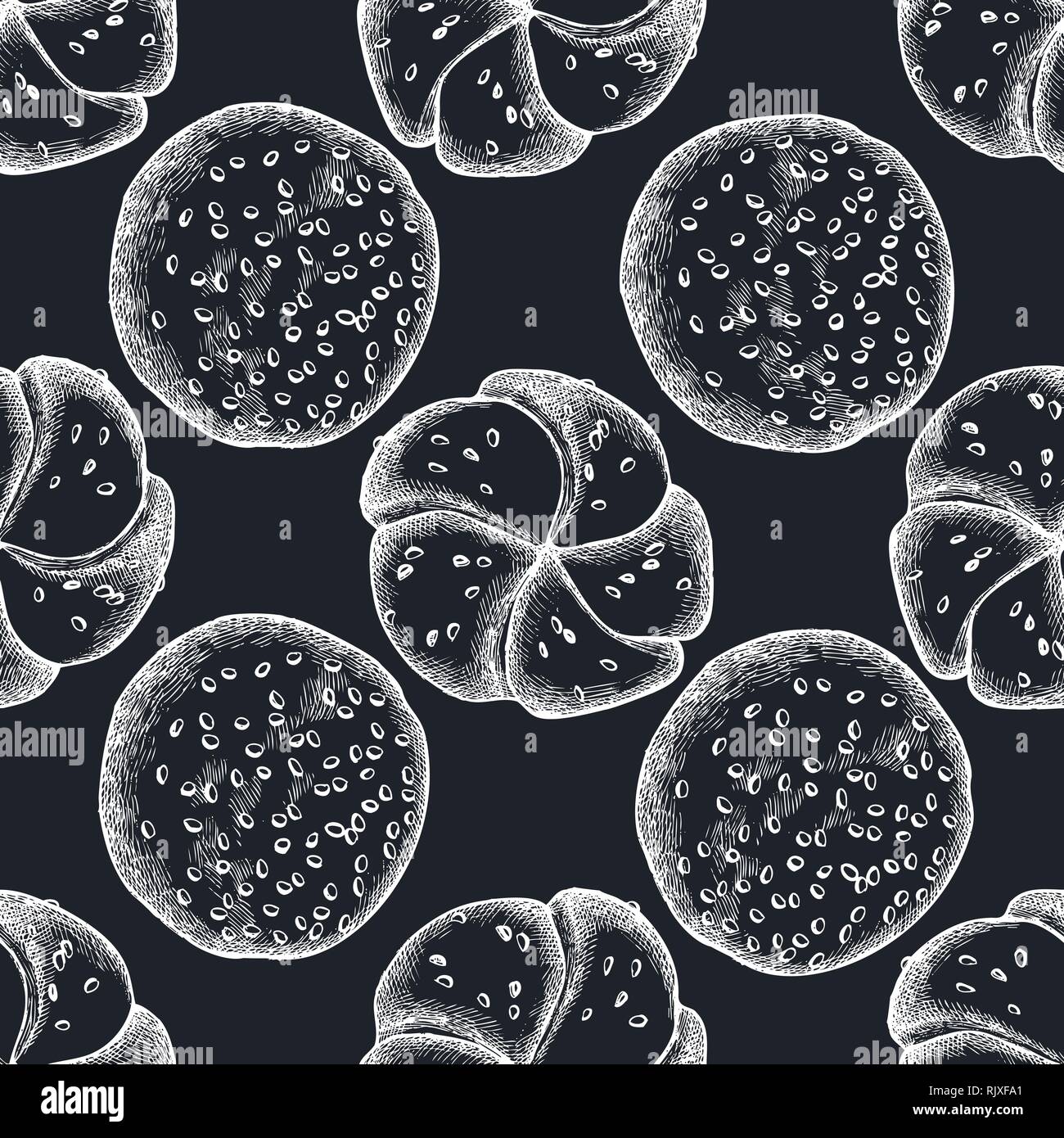 Seamless pattern with hand drawn chalk buns and bread Stock Vector