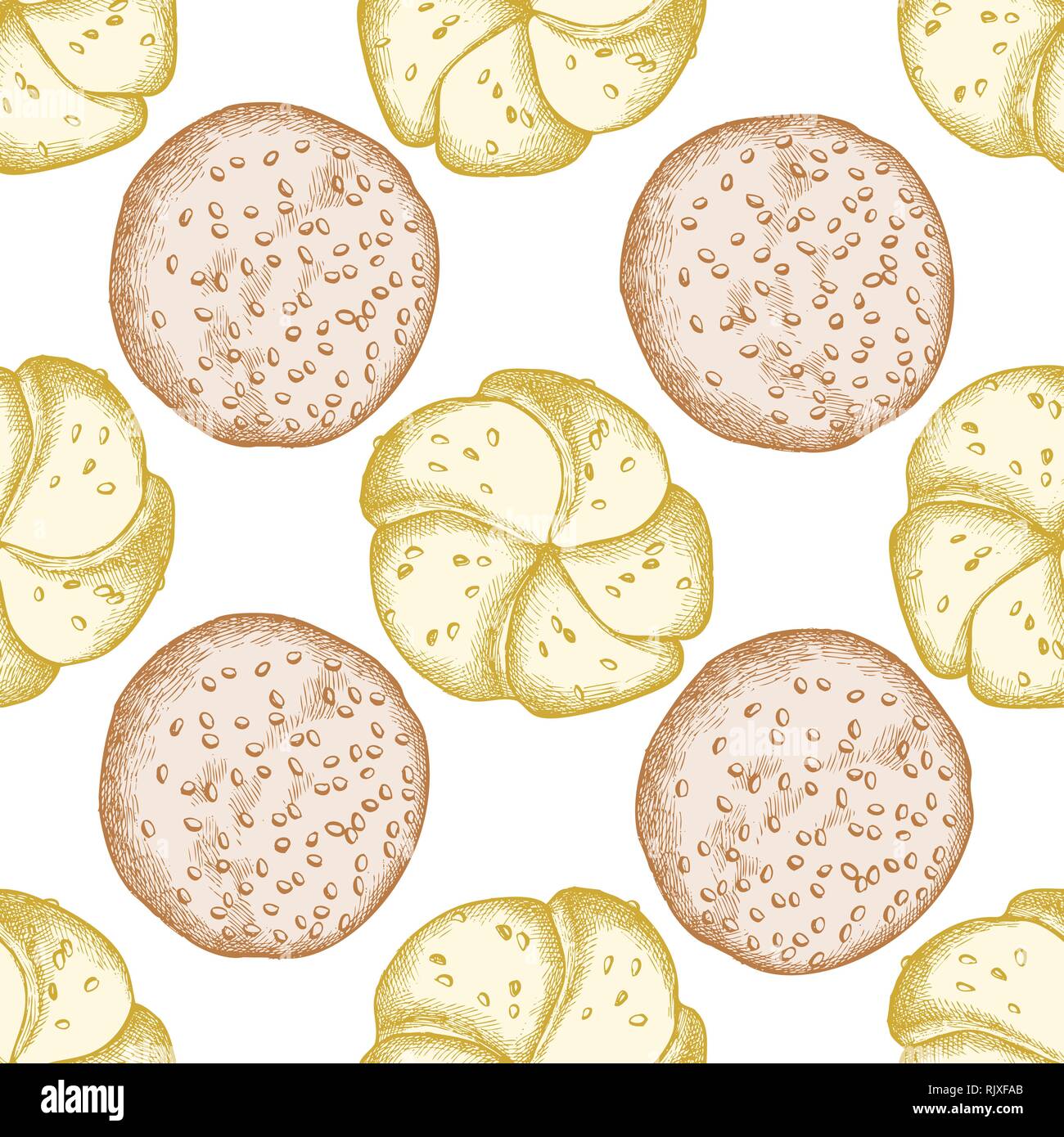 Seamless pattern with hand drawn pastel buns and bread Stock Vector