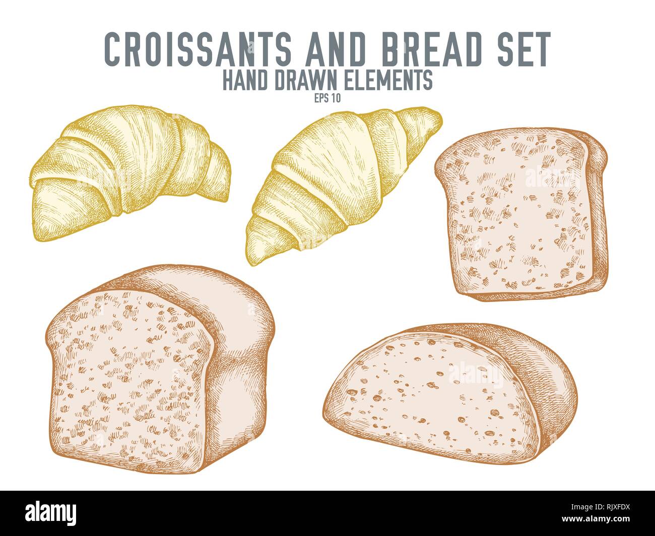 Vector collection of hand drawn pastel croissants and bread Stock ...