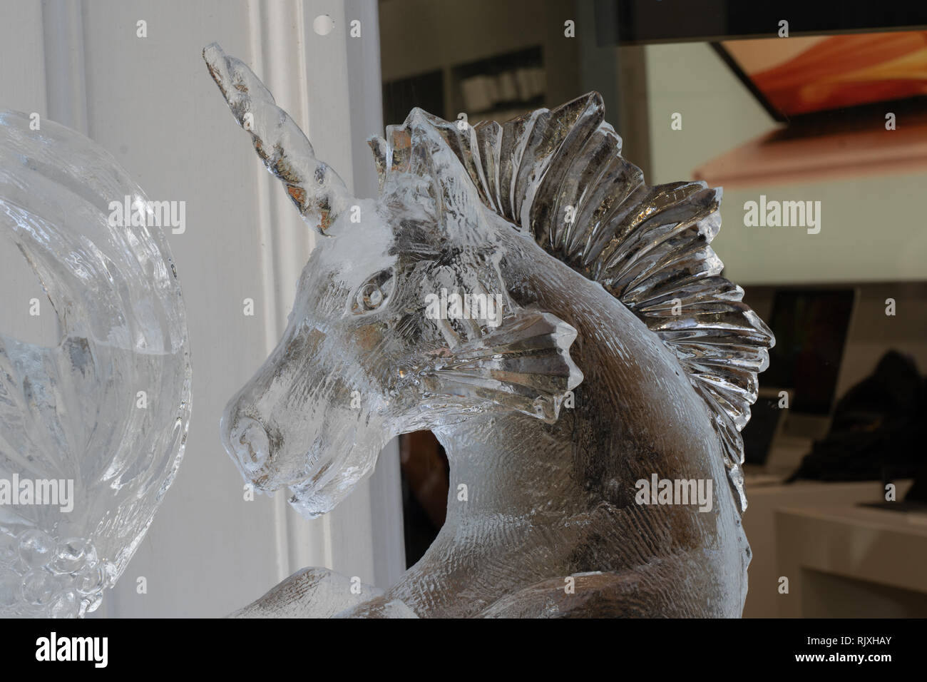 Unicorn ice sculpture along The York Ice Trail, York, North Yorkshire, England, UK Stock Photo