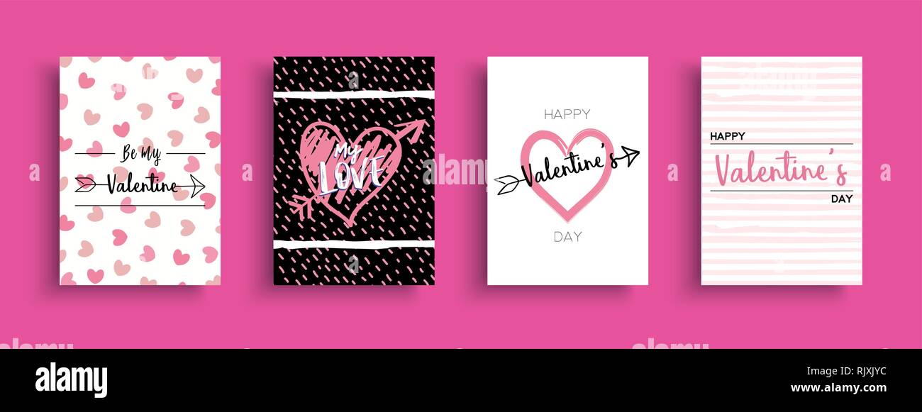 Valentines Day greeting card collection, cute hand drawn love quotes and romantic doodle set for special holiday. Stock Vector