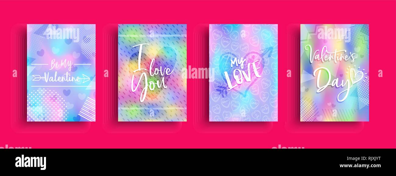 Valentines Day greeting card collection, holographic style love quotes and romantic doodle set for special holiday. Stock Vector