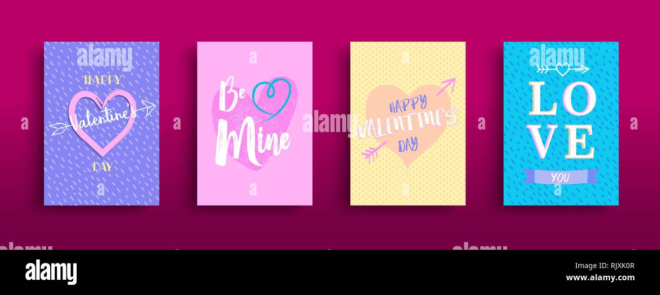 Valentines Day greeting card collection, cute pastel color hand drawn love quotes and romantic doodle set for special holiday. Stock Vector