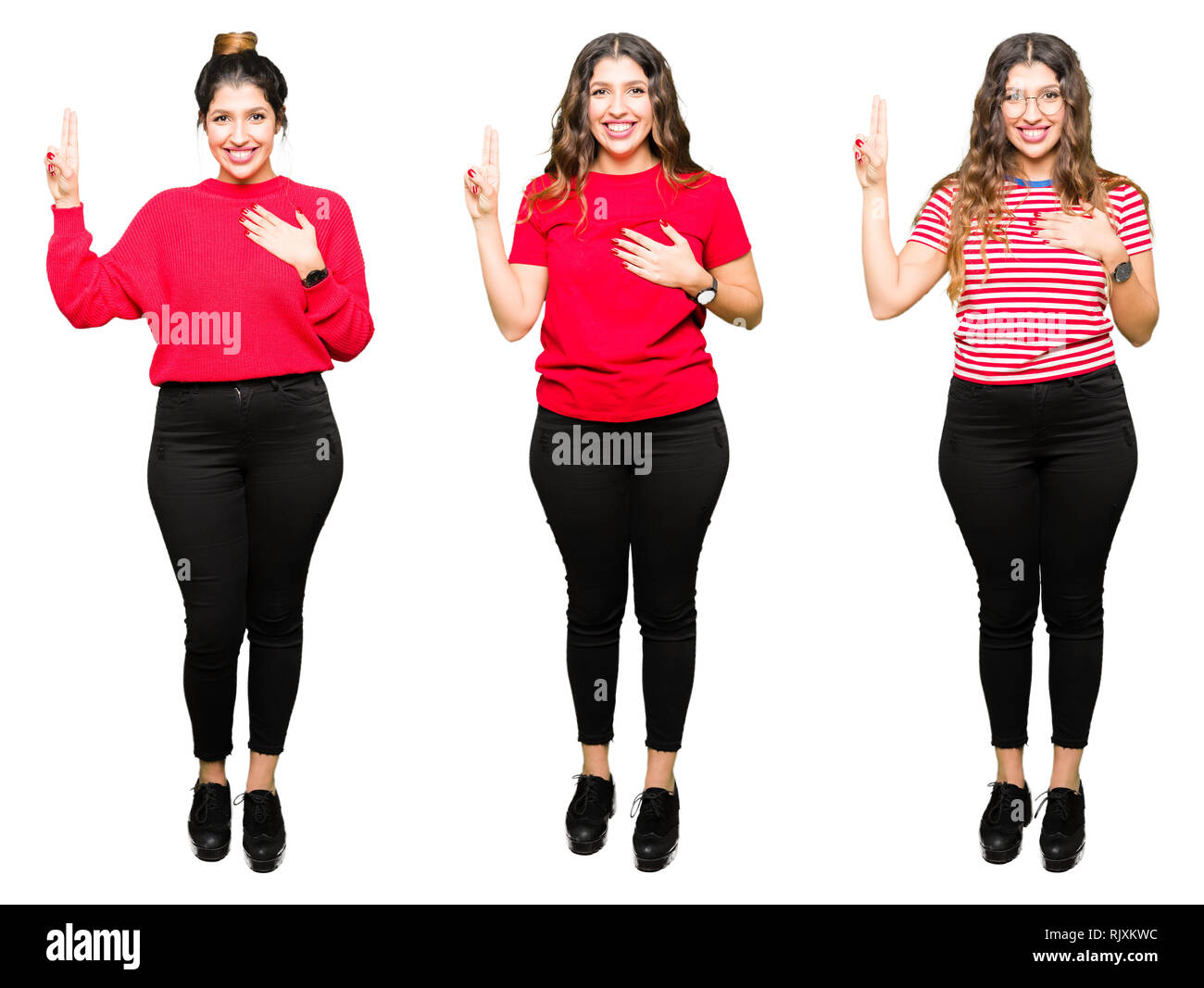 Collage of beautiful young woman over white isolated background Swearing with hand on chest and fingers, making a loyalty promise oath Stock Photo