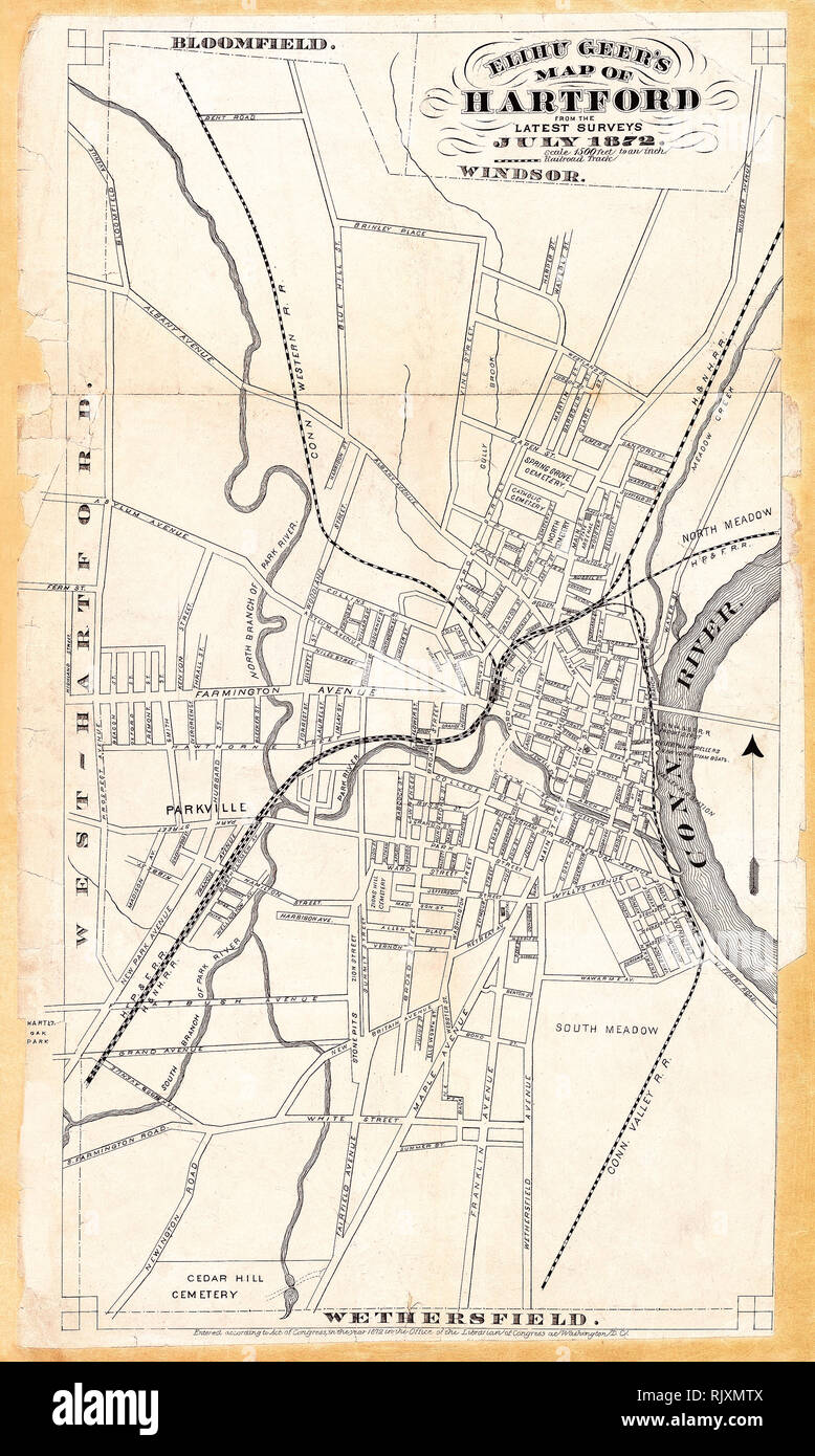 Hartford city map hi res stock - Hartford Connecticut Map 1872 Restored Reproduction RJXMTX