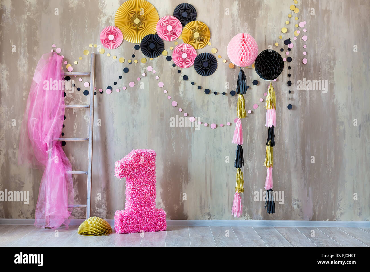 Studio Scene For Celebrating Birthday Of Child One Year Old With
