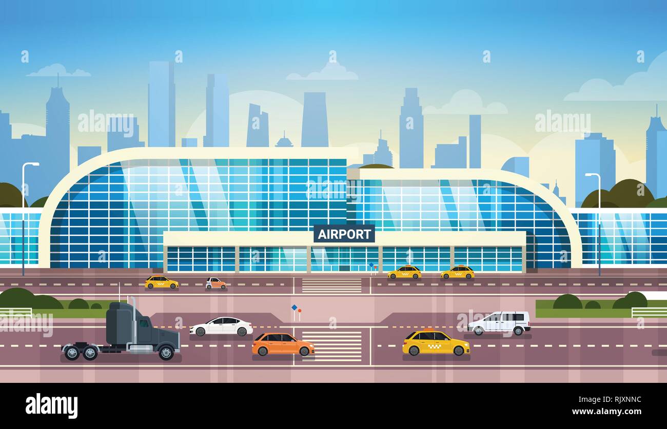 Airport Building Modern Terminal Exterior With Cars On High Way Road And Skyscrapers On