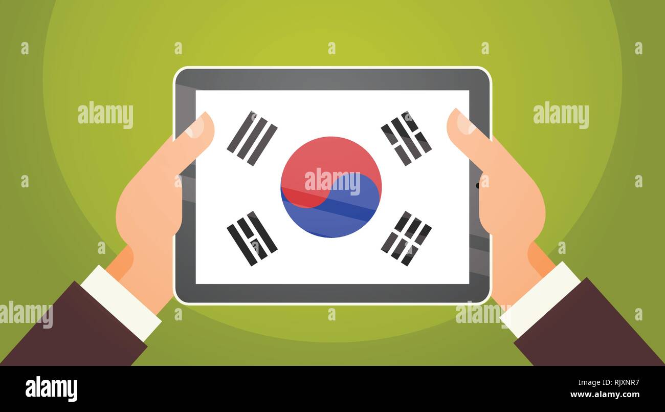 Hands Holding Digital Tablet With South Korea Flag Image Stock Vector ...