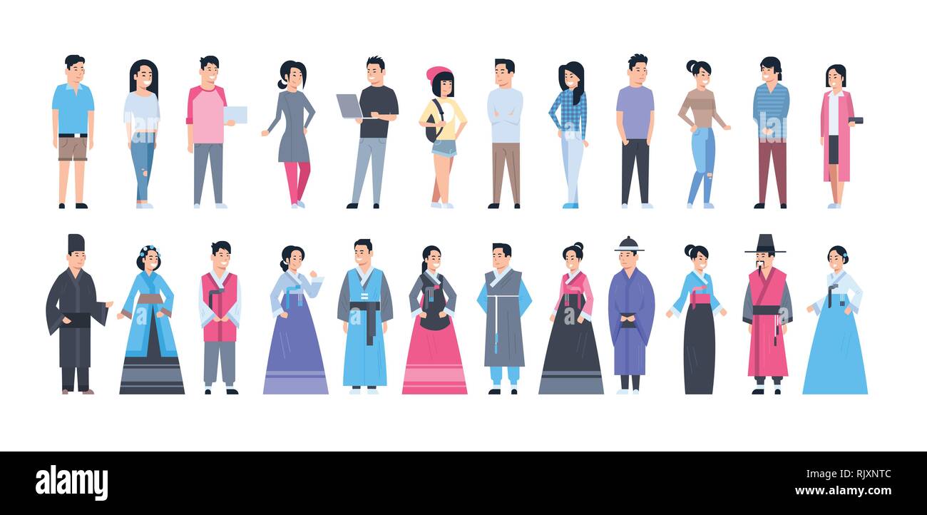 Set Of Asian People Wearing Traditional Costumes And Modern Clothes Full Length Isolated Stock Vector