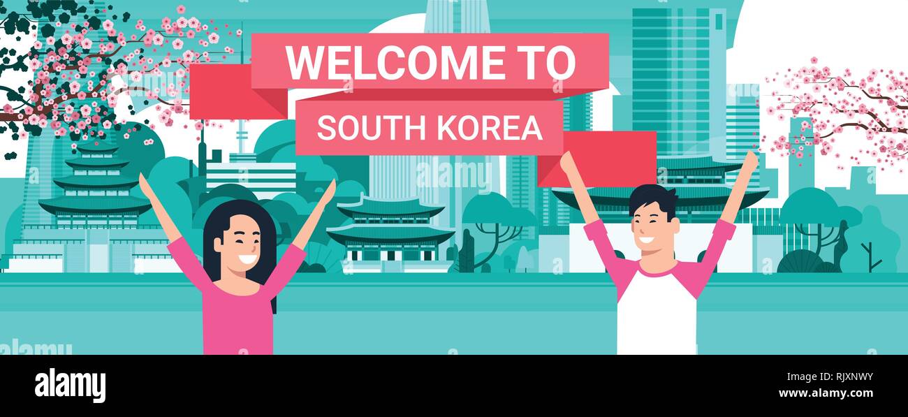 Welcome To South Korea Poster Korean Couple Over Seoul City Background With Skyscrapers And Landmarks Stock Vector