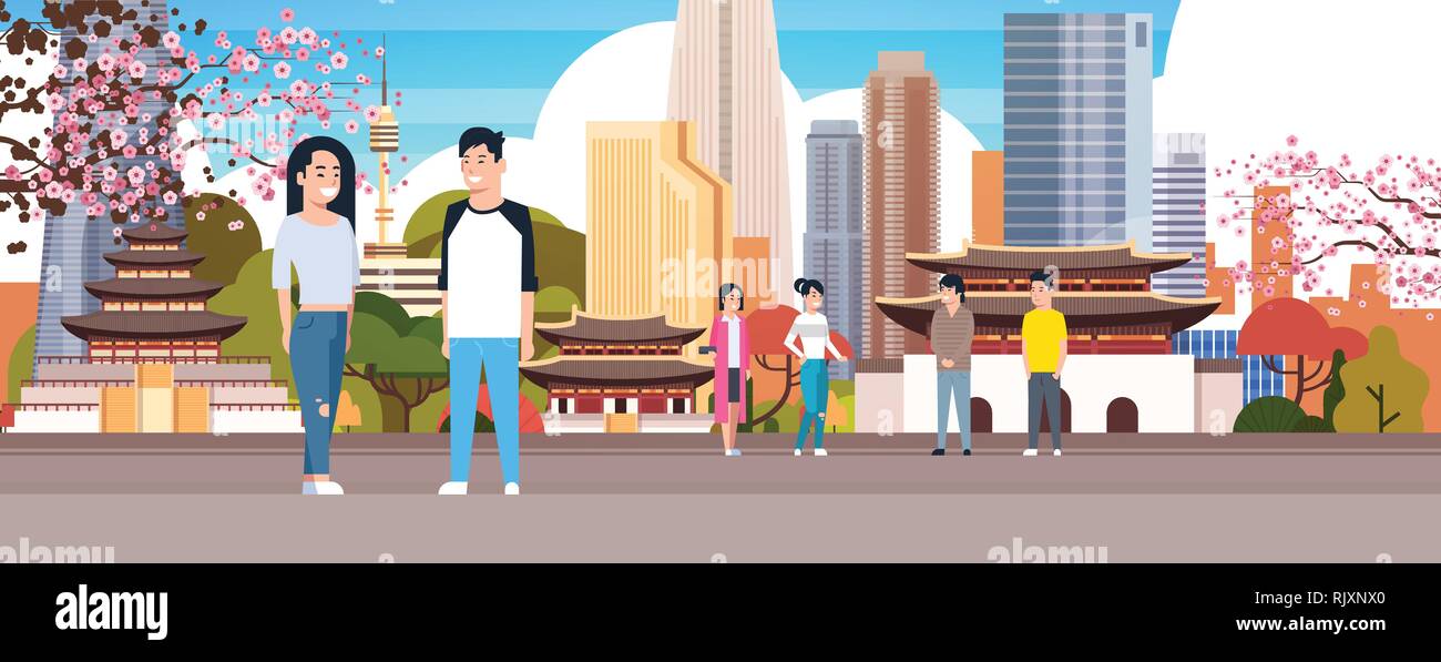 Korean Couple Over Seoul City Background With Skyscrapers And Landmarks Travel To South Korea Concept Stock Vector