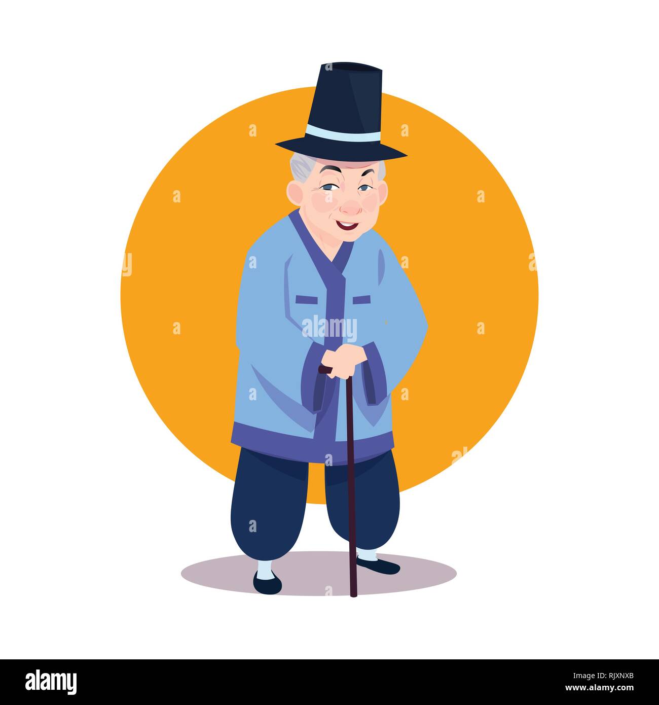 Old Asian Man Wearing Traditional Korean Costume Senior Grandfather With Stick In National Korea Clothes Stock Vector